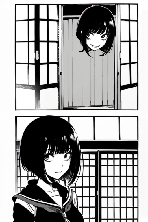 Girl with short black hair and bangs smiling, full body shots, manga page with panels and dialogue 