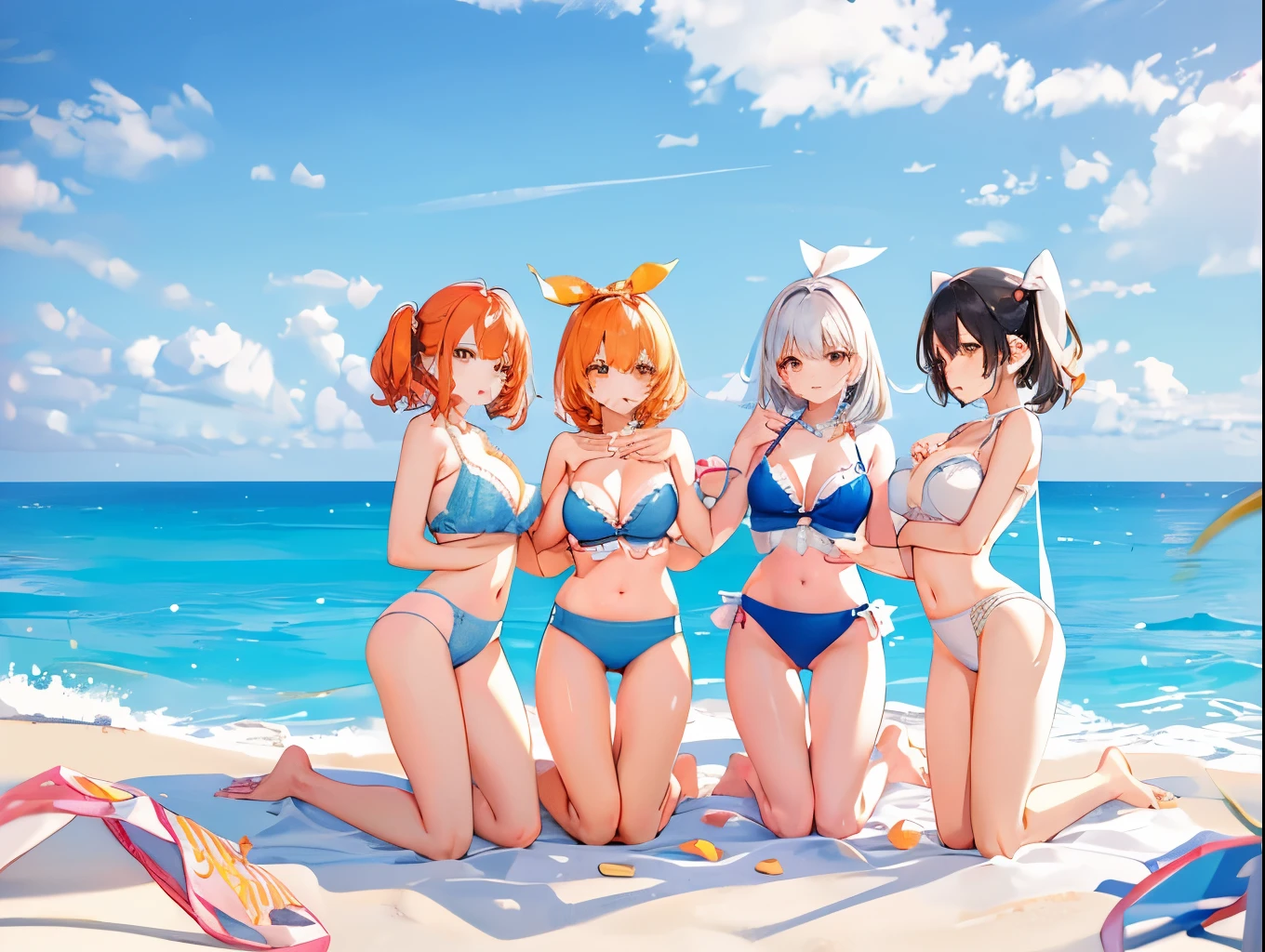 Four sisters with big breasts wearing cute underwear and cute bras、Cute white bra with ribbon、White and light blue checked bra、Cute orange bra、White underwear with cute ribbon、White and light blue striped pants、Cute orange underwear、Sandy beach, calm and clear sea and blue sky、barefoot、Drenched T-shirt、Cute underwear visible when skirt is lifted