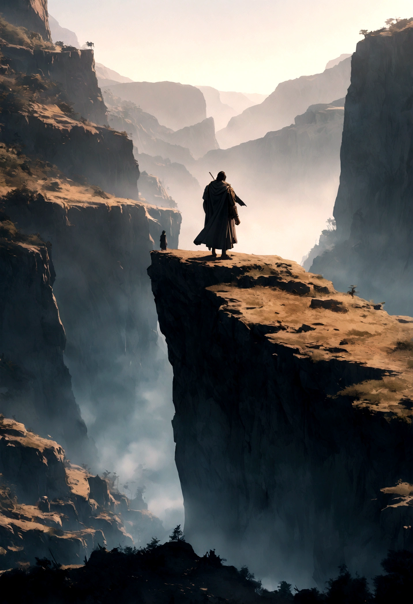 A Greek warrior, (wearing a robe), standing at a precipice, (in front of a deep uncharted wilderness), 4k
