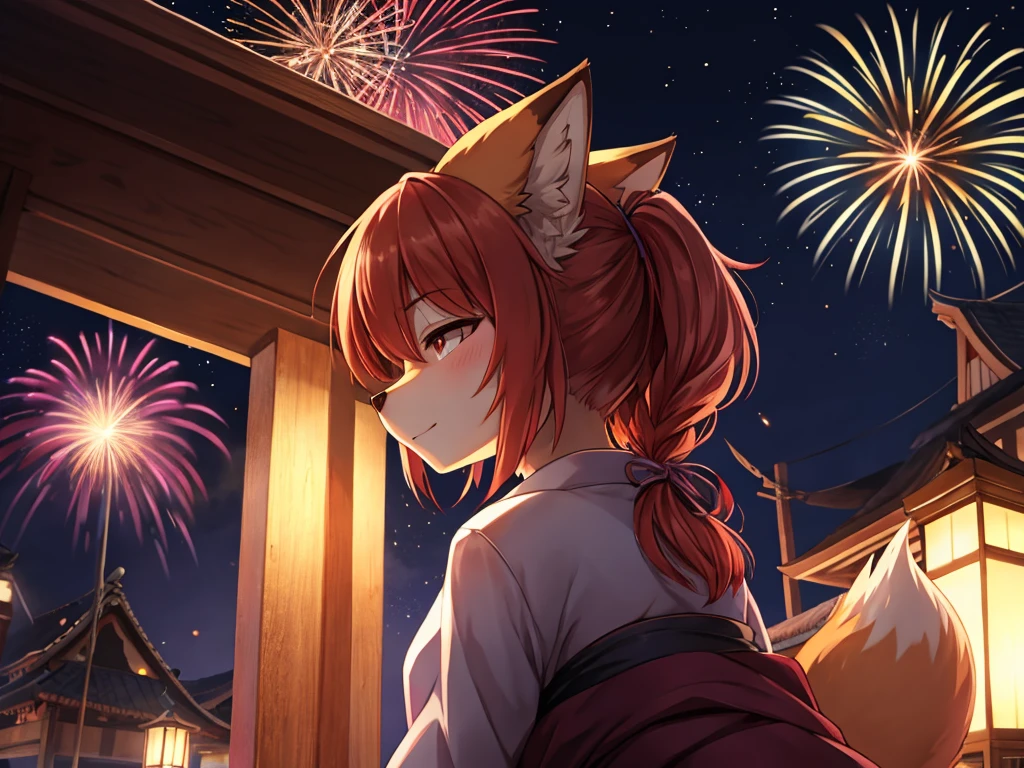 Hallucination, daydream , fantastic , Fear , bokeh , hairy fur , yukata , fox girl , hair tie , Medium hair , up hair , natsu matsuri , Japanese festival , nape , Fireworks display , look away , Fanning