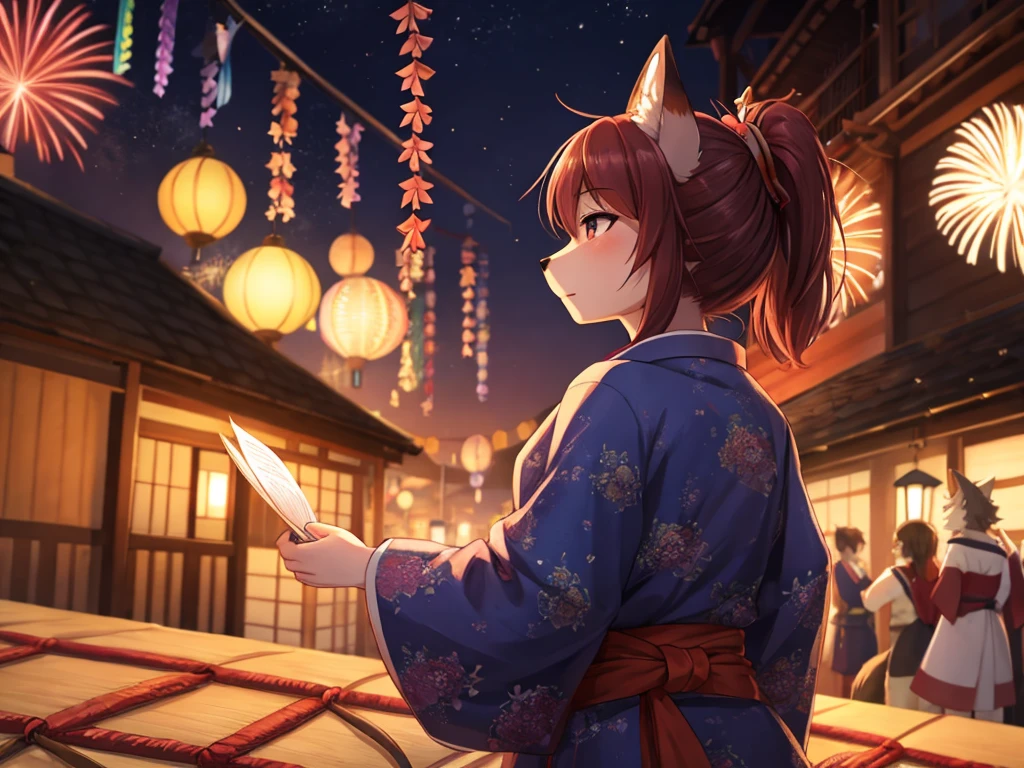 Hallucination, daydream , fantastic , Fear , bokeh , hairy fur , yukata , fox girl , hair tie , Medium hair , up hair , natsu matsuri , Japanese festival , nape , Fireworks display , look away , Fanning