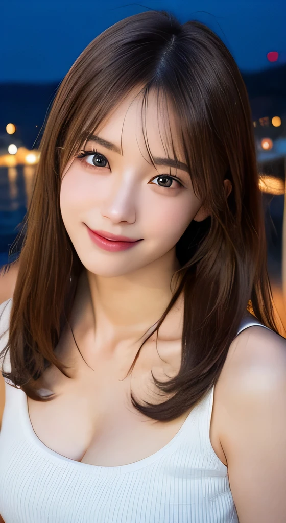 Tabletop,(hair, Ultra-high resolution, highest quality, masterpiece: 1.2), (Realistic, PhotoRealistic: 1.37), Super detailed, (Night view of Hakodate: 1.2), Professional Lighting, Photon Mapping, Radio City, Physically Based Rendering, masterpiece, Rich details, (Beautiful Face),(Fine Eyes), (Clear Face), (Detailed face description), (Detailed hand description), (masterpiece), Realistic, Extreme light and shadow, Shiny skin,Shiny Hair, One Girl, 18-year-old, Japan, cute, (smile,Happy:1.3),(Gradient Brown Hair, Long Hair:1.2),Small Tall, thin: 1.2, double, Disheveled Hair, fine clavicle, clavicle, (Large Breasts:1.37), (Tank top, Side bust, Bare waist, Bare Armpits, Cleavage: 1.2), Beautiful thighs, whole body, Belly button, Random sexy poses