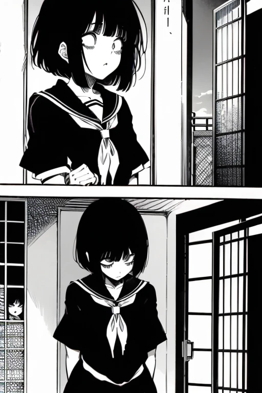 Girl with short black hair and bangs is terrified, manga page with panels and dialogue