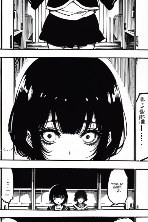 Girl with short black hair and bangs is terrified, manga page with panels and dialogue