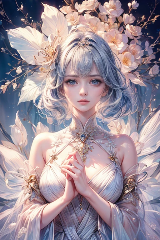 (highest quality,8k,CG,Beautiful details upper body,,Thumb Girl,Translucent coat dress,Floral Background,Complex facial features,length,Flowing hair,Almond-shaped eyes,Exquisite eye makeup,length fluttering eyelashes,Blinking big eyes,Starry Sky,Exquisite lip detail,Soft and harmonious style)