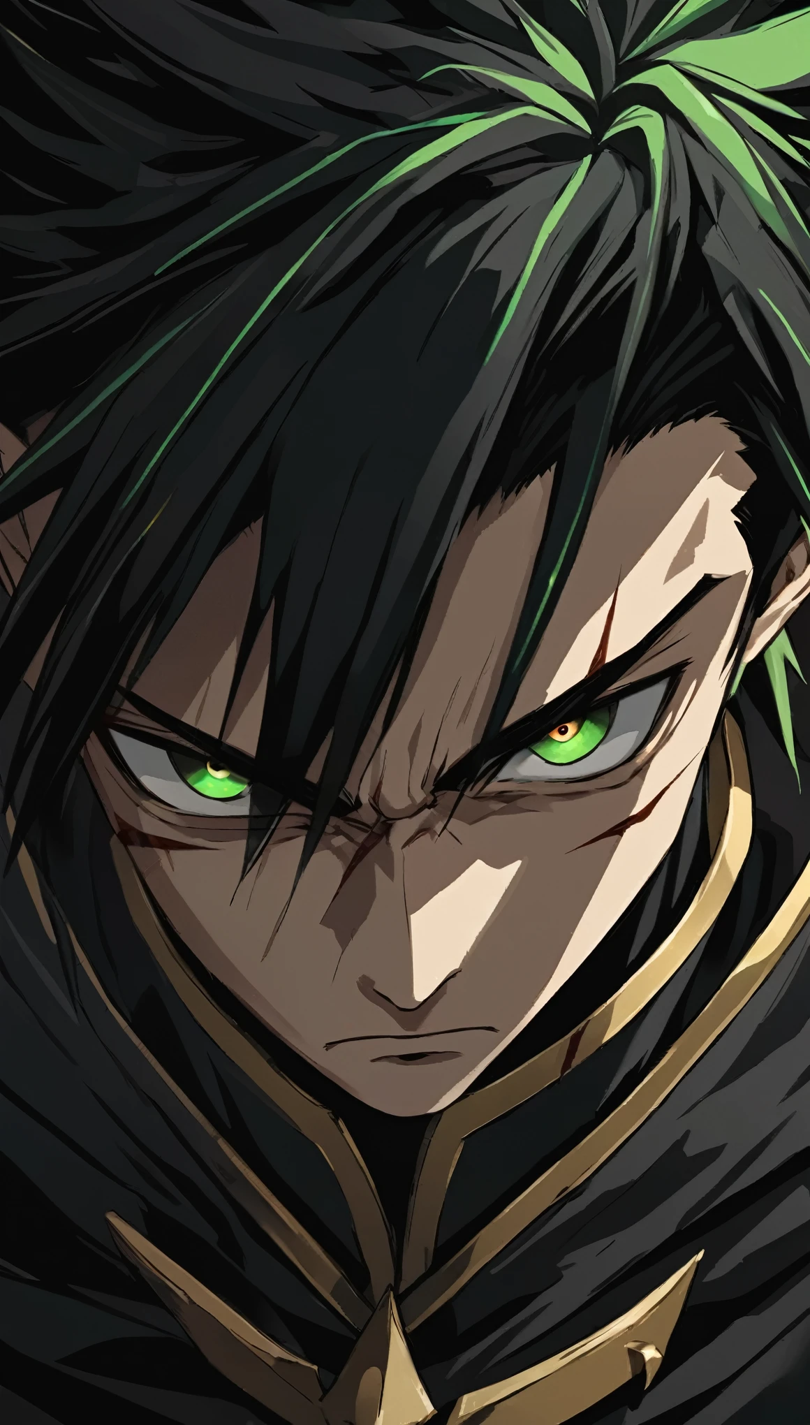 close-up of (Male anime characters:1.3), (Strong gaze:1.2), (Two-Tone eyes:1.3) One red and one green, spiky black hair, frown, (Serious expression:1.2), Shadow Face, (Black cloak with gold trim:1.1), There is an obvious scar on the left eyebrow, High detail digital illustration, (Dark background:1.1), Anime style, strong facial features, Contrasting colors, focused demeanor,