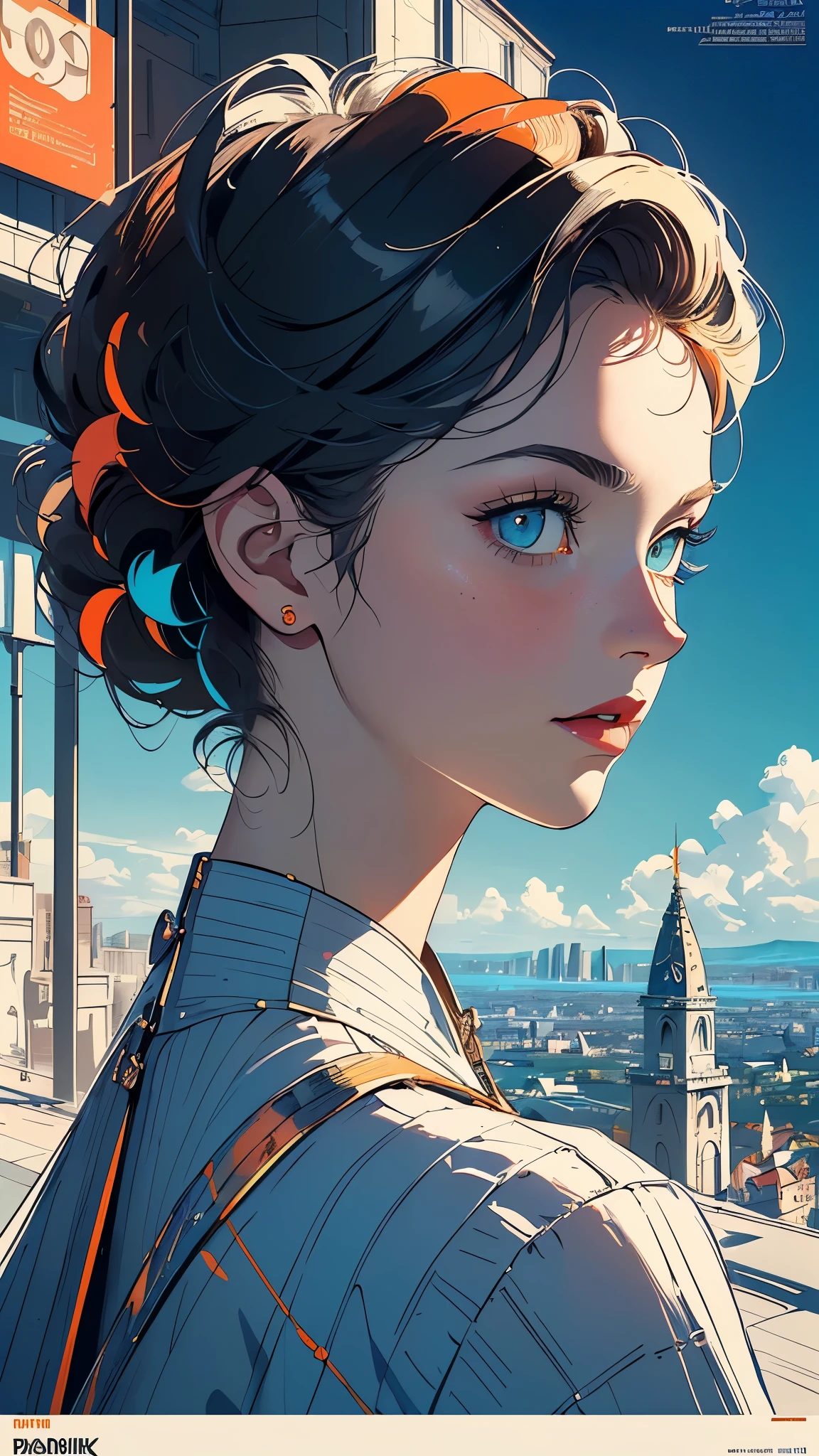 ((masterpiece, highest quality)),((One Person))(32k wallpaper, very detailed),(((geometric cinematic movie poster))), (bauhaus),mid century modern, movie poster, retrovintage,(((Perfect Only One Lady))),(((portfolio,Close-up))),(((various angle))),(((bust up))),((highlight)),(((Vast landscape))),((((heterochromia)))),(((one person))),(((complete face))),(((perfect composition))),orange,blue