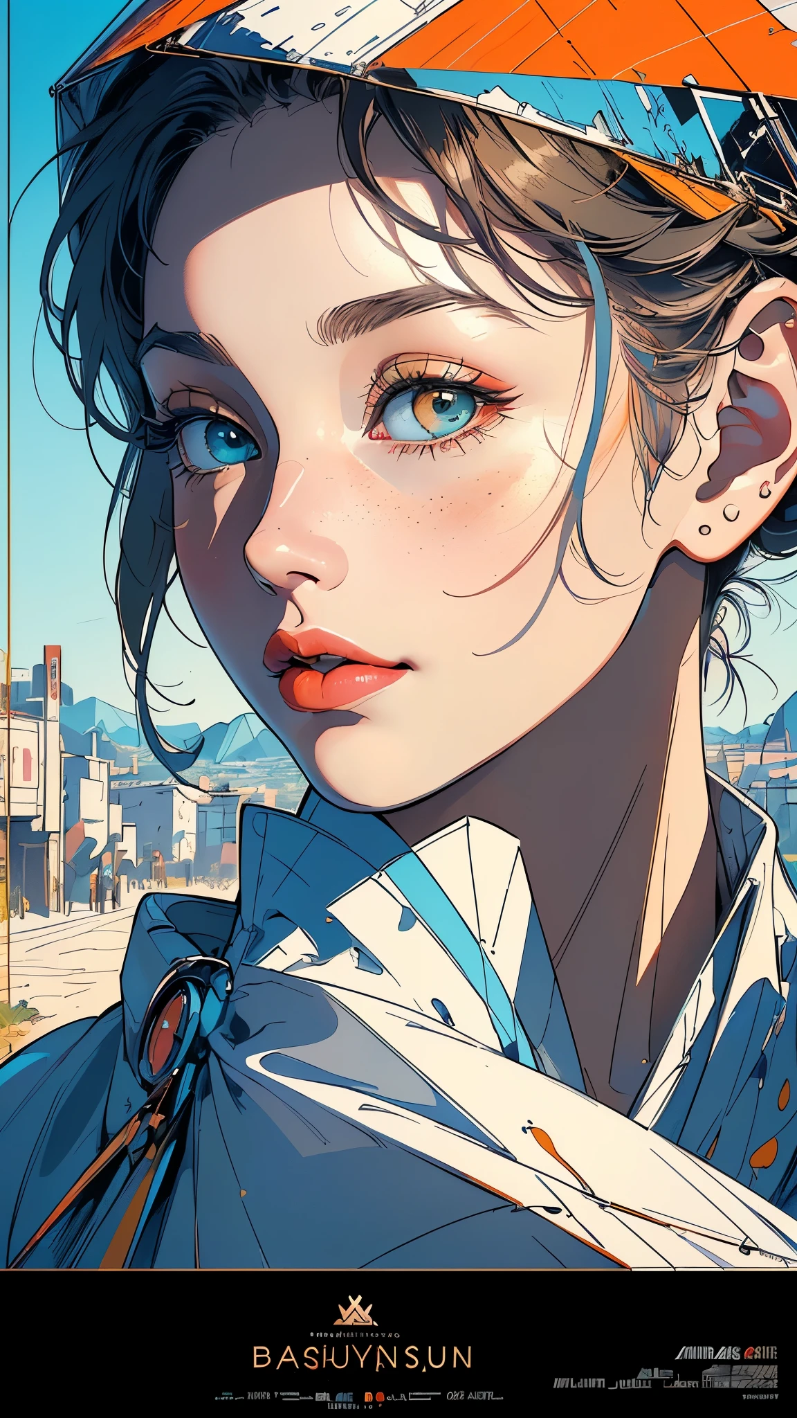 ((masterpiece, highest quality)),((One Person))(32k wallpaper, very detailed),(((geometric cinematic movie poster))), (bauhaus),mid century modern, movie poster, retrovintage,(((Perfect Only One Lady))),(((portfolio,Close-up))),(((various angle))),(((bust up))),((highlight)),(((Vast landscape))),((((heterochromia)))),(((one person))),(((complete face))),(((perfect composition))),orange,blue