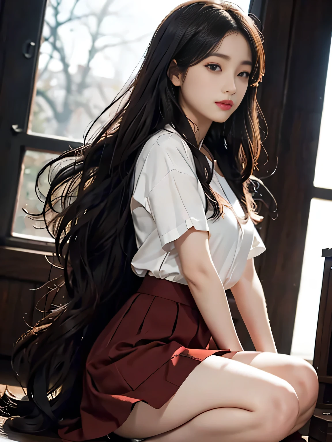 Dark brown eyes,Red thick lips、Long Curly Hair、Real、Long legs、full、Feminine、White shirt、mini skirt、High heels,Very delicate face,Realistic lighting and shading, (Very delicate and beautiful art)1.3, Elegant,Dramatic Shadows、Very detailed。high quality、High resolution、16km race、Raw、超High resolution、Ultra-detailed、(Very delicate and beautiful)、Very detailed、real movie,From below