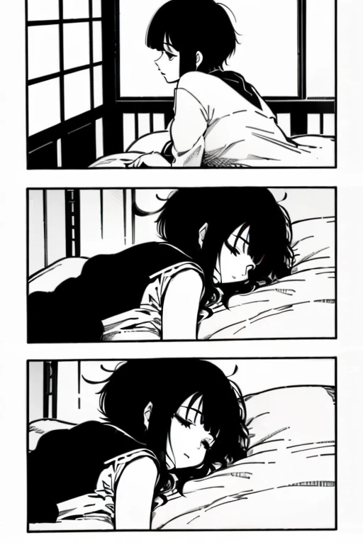 Girl with short black hair and bangs sleeping in bed, manga page with panels and dialogue