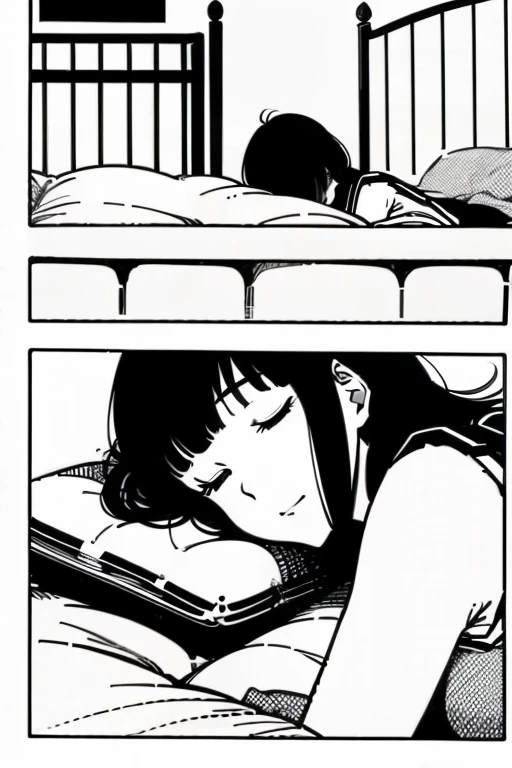 Girl with short black hair and bangs sleeping in bed, manga page with panels and dialogue 