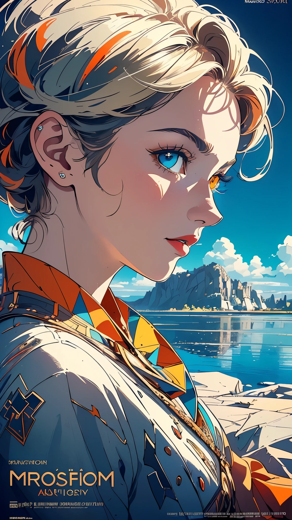 ((masterpiece, highest quality)),((One Person))(32k wallpaper, very detailed),(((geometric cinematic movie poster))), (bauhaus),mid century modern, movie poster, retrovintage,(((Perfect Only One Lady))),(((portfolio,Close-up))),(((various angle))),(((bust up))),((highlight)),(((Vast landscape))),((((heterochromia)))),(((one person))),(((complete face))),(((perfect composition))),orange,blue