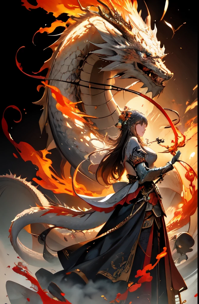 masterpiece,best quality,ultra-detailed,8k,high resolution,A 30-year-old woman,White Chinese dragon on background,Woman holding a sword,Brave look,Metal armor,armor,Standing in the center of the picture,Standing posture,inflammation,orange,The scales are clearly visible