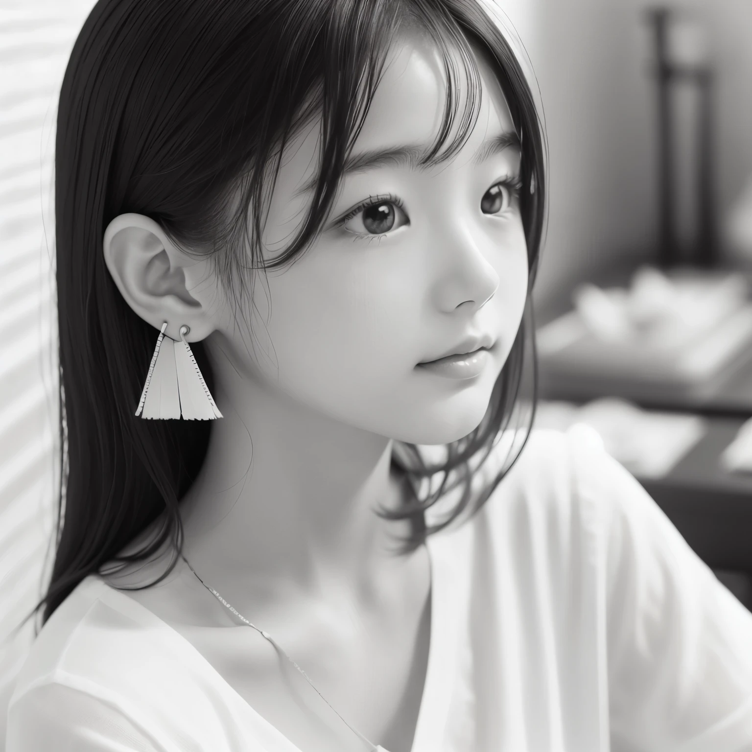 Black and White、monotone、PAPERCUT、woman、Baby Face、 pulled back hair、Earrings