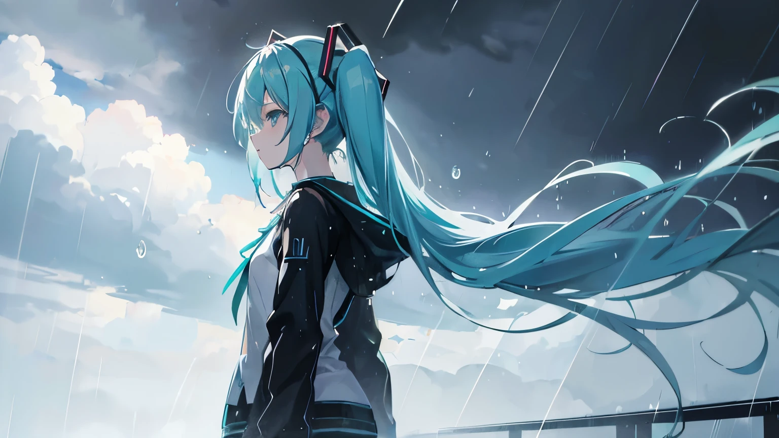 Hatsune Miku, Long sleeve, (It rains:1.2), cinematic angle, Ruri-iro,  (masterpiece), (Best Quality, 8K, High resolution), Ultra-detailed