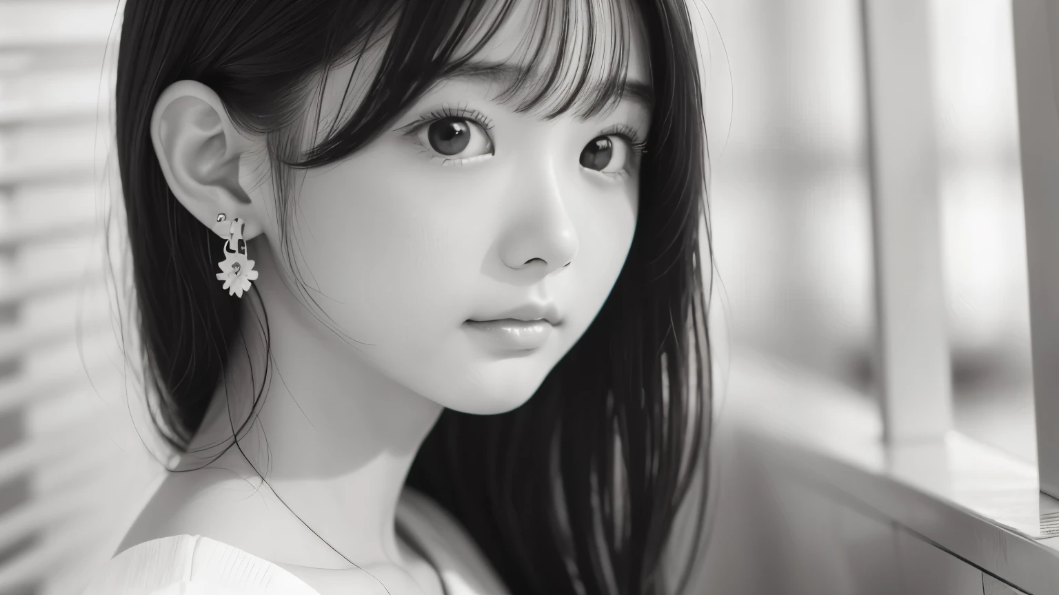 Black and White、monotone、PAPERCUT、woman、Baby Face、 pulled back hair, Side lock hair、Earrings