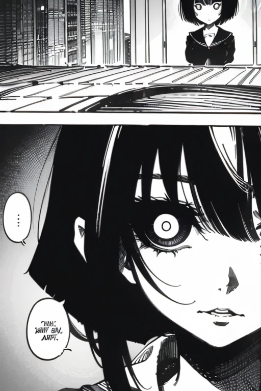 Girl with short black hair and bangs staring into your soul, manga page with panels and dialogue