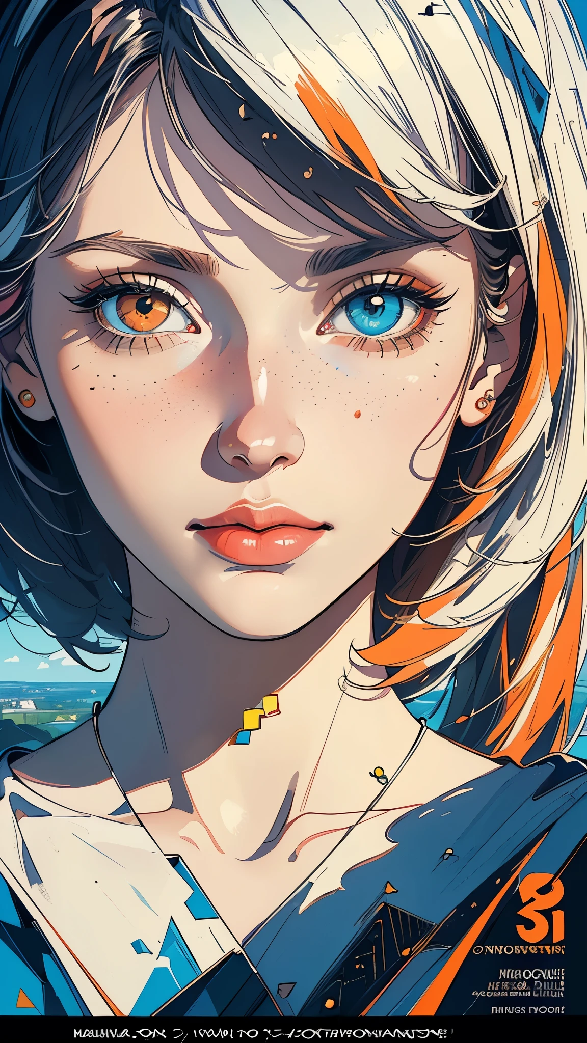 ((masterpiece, highest quality)),((One Person))(32k wallpaper, very detailed),(((geometric cinematic movie poster))), (bauhaus),mid century modern, movie poster, retrovintage,(((Perfect Only One Lady))),(((portfolio,Close-up))),(((various angle))),(((bust up))),((highlight)),(((Vast landscape))),((((heterochromia)))),(((one person))),(((complete face))),(((perfect composition))),orange,blue