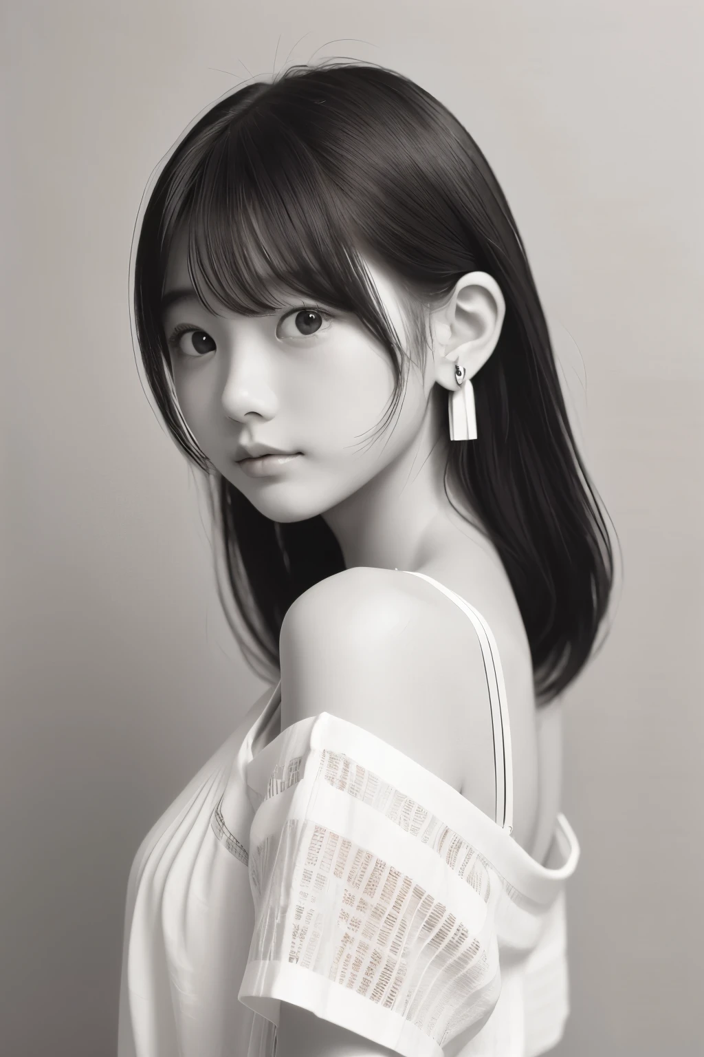 Black and White、monotone、PAPERCUT、woman、、 pulled back hair, Side lock hair、Earrings