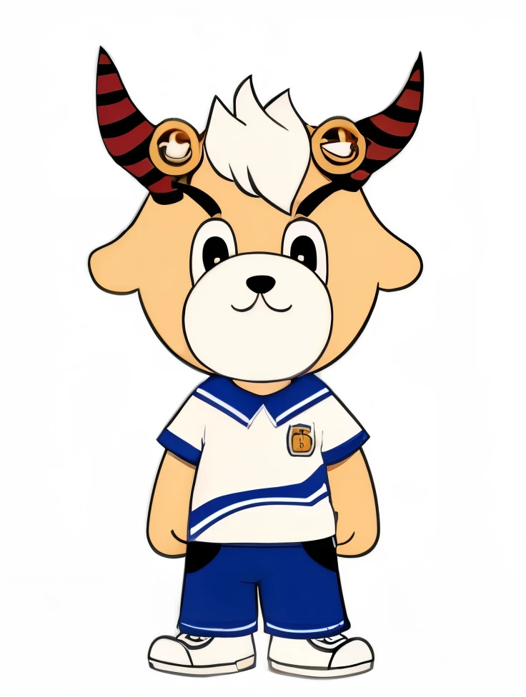 A dog with two horns, some white hair on his head, wearing a white shirt, blue pants, and white shoes