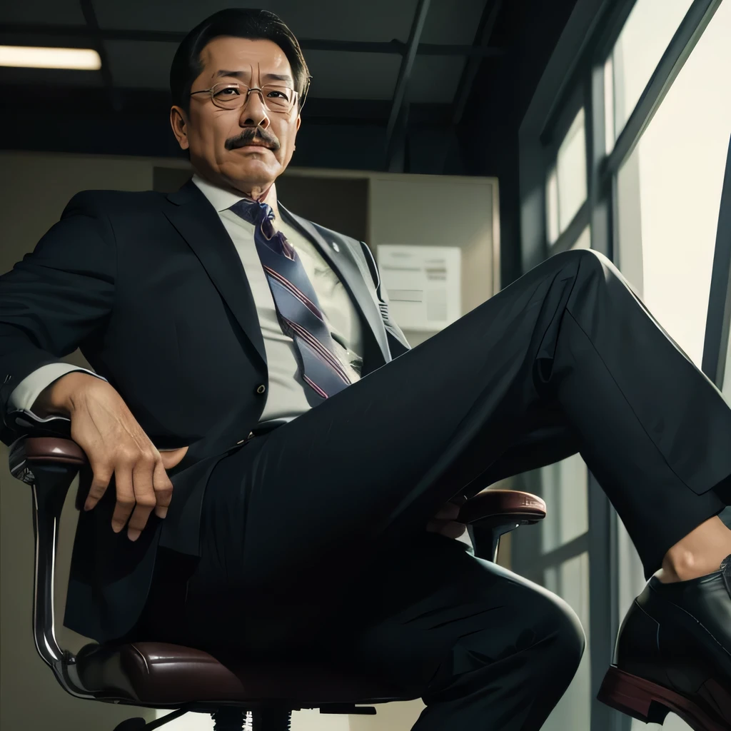 55 years old，Kogoro Mori，uncle，temperament，Sitting in an office chair，Spread your legs widely，Black short，Sweating feet，Slip leather shoes，No beard，Large bag at the crotch，Crotch close-up，toughness，HD，artwork，Full of enjoyment，Very shy，Wear a suit，Big Ass，Masculinity，There is a noticeable bulge in the crotch, Shy expression department，Low Angle of View