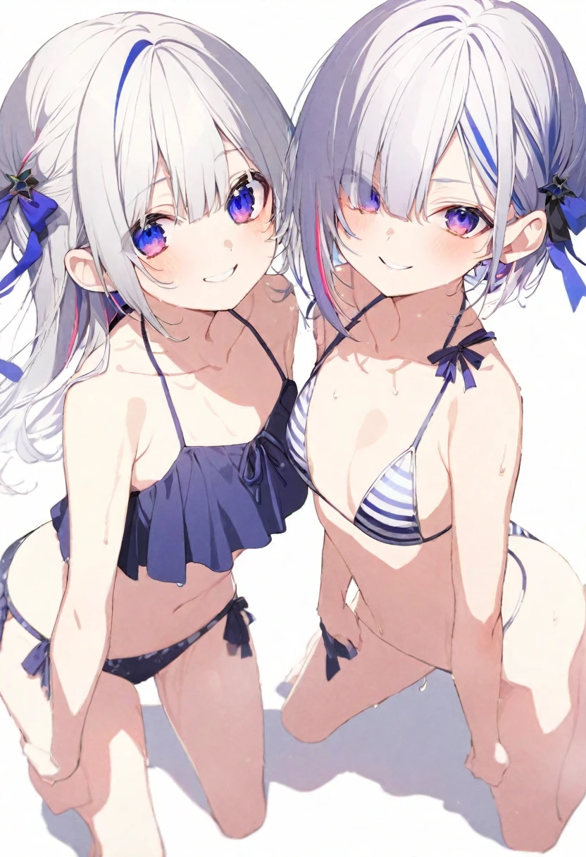 (masterpiece), (best quality), perfect face, beautiful girl, white background background, delicate and beautiful face and eyes, dark intense shadow, 
1 girl, vtuber style, cool girl, hololive, amane kanata, streaked hair, bikini, wet body, small chest, cropped shoulders, clavicle, wink, smile, bare feet, chest visible through clothes, (full body), looking at viewer, standing, 