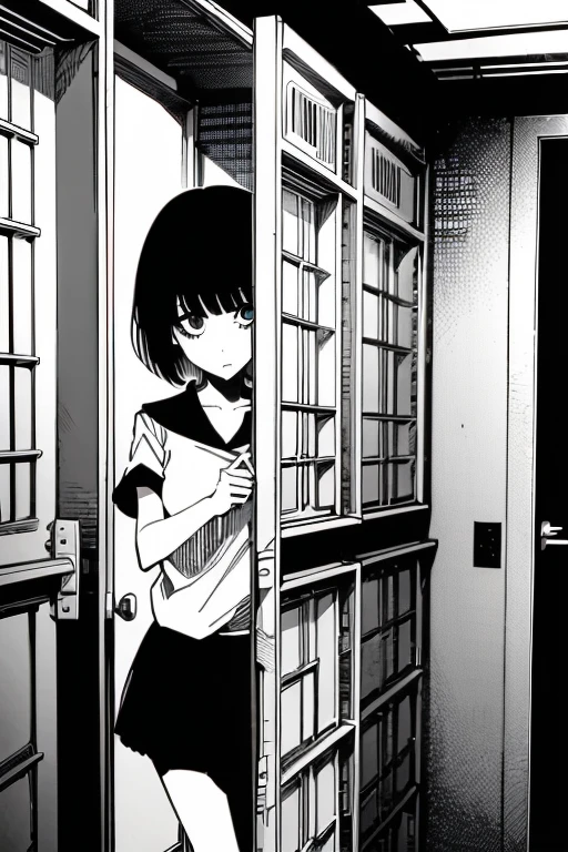 Girl with short black hair and bangs trapped in a room, manga page with panels and dialogue