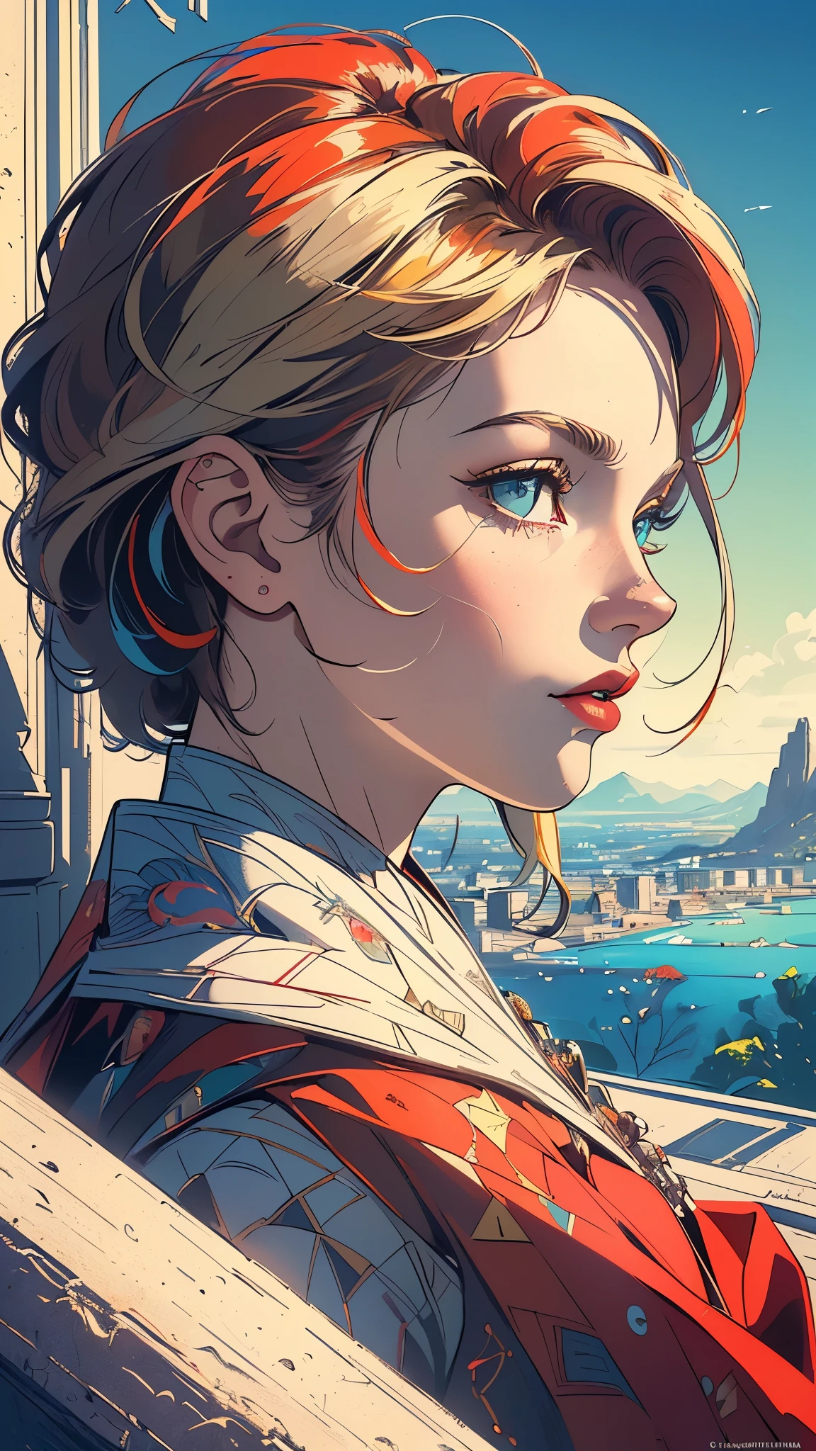 ((masterpiece, highest quality)),((One Person))(32k wallpaper, very detailed),(((geometric cinematic movie poster))), (bauhaus),mid century modern, movie poster, retrovintage,(((Perfect Only One Lady))),(((portfolio,Close-up))),(((various angle))),(((bust up))),((highlight)),(((Vast landscape))),((((heterochromia)))),(((one person))),(((complete face))),(((perfect composition))),(((lip on red)))