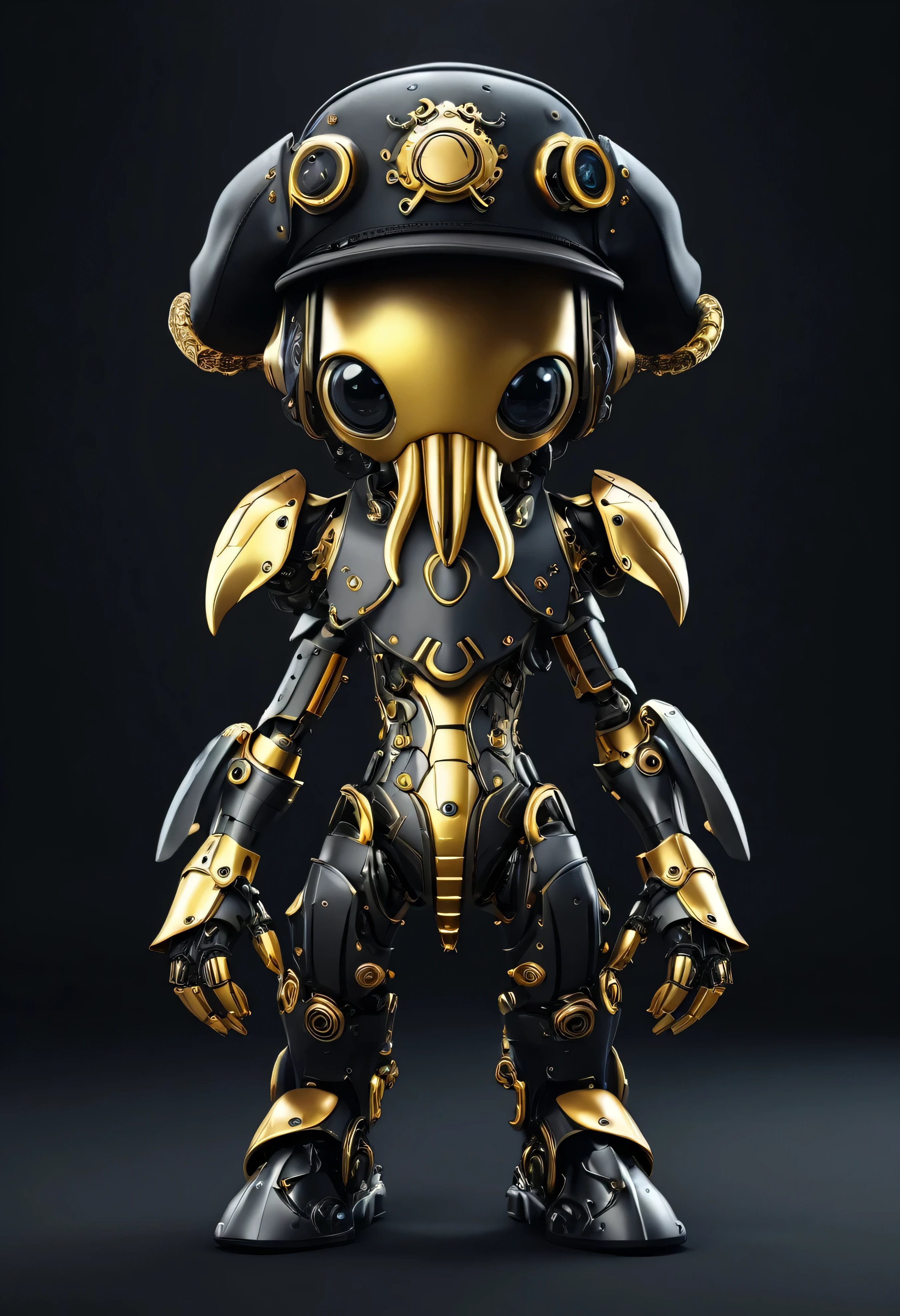 Ultra realististic 8k 3D cute kraken mascot wearing black and gold mecha detail cyborg clothes in dark tones and an slash hat from the front, interactive
with emoji type instagram poster