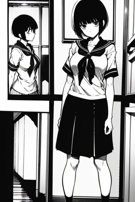 Girl with short black hair and bangs confused, full body shots, manga page with panels and dialogue