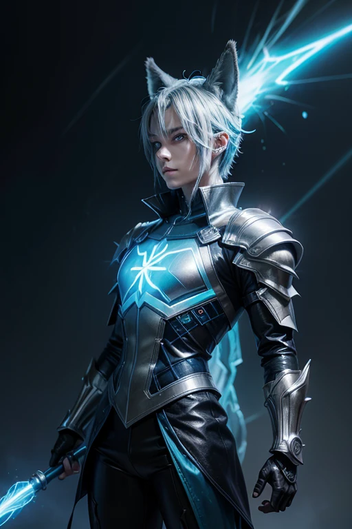 a wizard with a light blue human face and dark blue wolf ears, secret agent in a suit, with a dagger with glowing magic carvings, ice colored reflective suit, energy suit, light blue skin, bluish silver, manga art, eyes glowing, RPG fantasy, tanned skin, neon punk, art book, Studio ghibli, deep setting, in the middle of a retro cyber punk magical metropolis, magical light reflected in hair and ear, aura light, dynamic pose, side view , old anime style