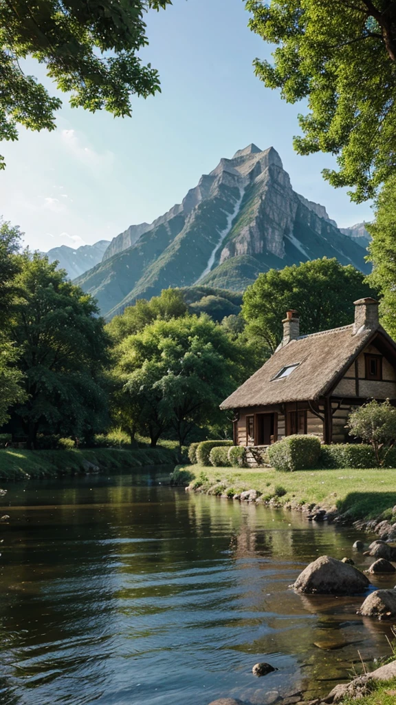 house by the river, medieval, trees, fantasy, clear sky, mountains