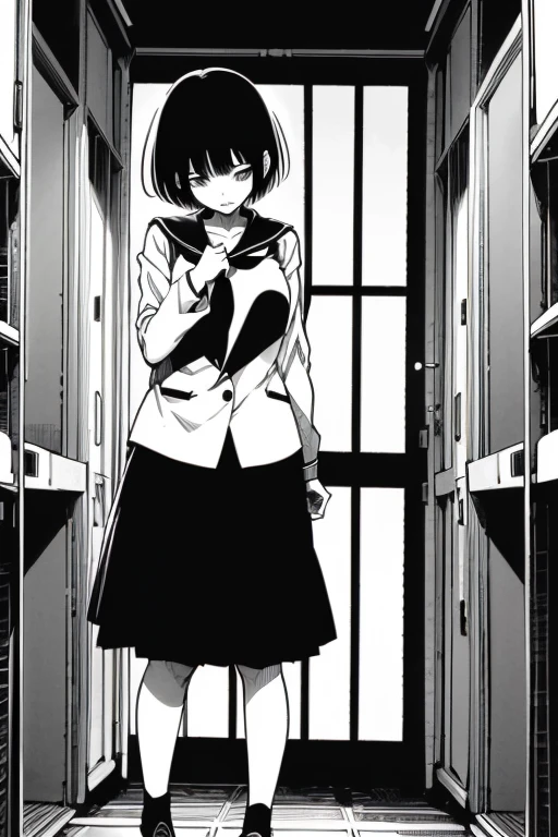 Girl with short black hair and bangs crying, full body shots, manga page with panels and dialogue