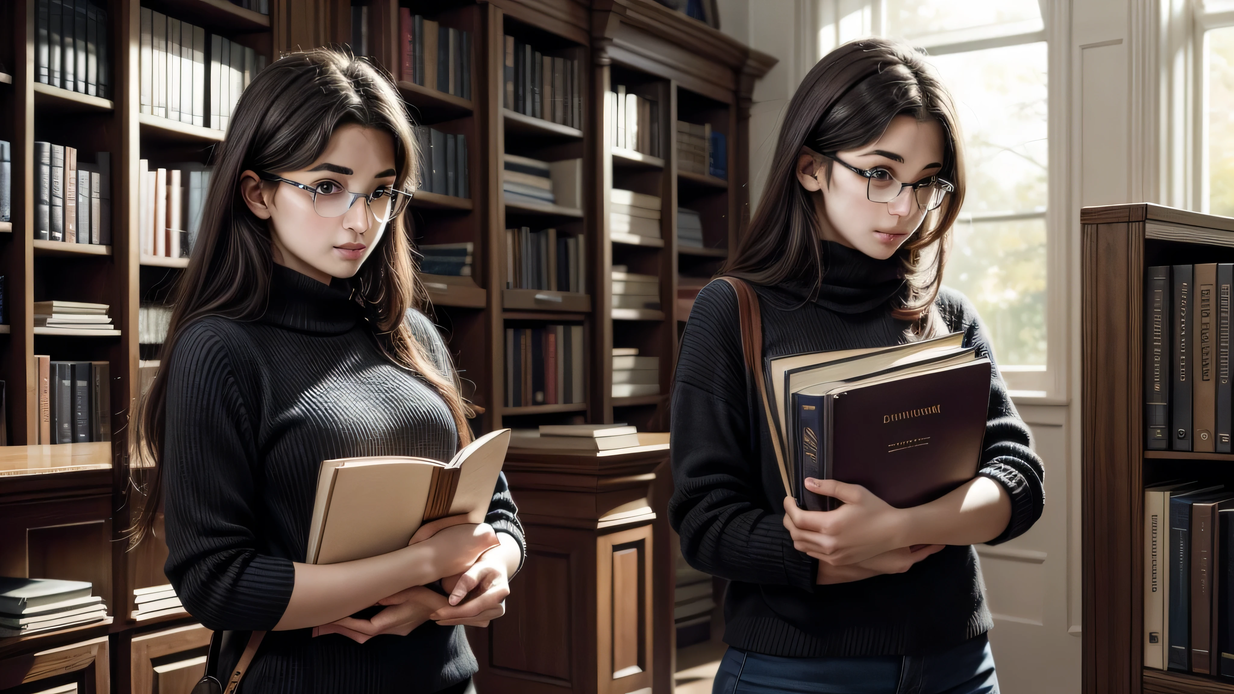 A reaslistic illustration concept art of a standing european college girl student of around 25 year, wearing big glasses, beautiful face, detailed eyes, holding a lot of books in her hands, she holds a lot of books in her hands, she carries a big pile of books, warm background in a library, with large windows, realistic illustration, concept art, masterpiece.