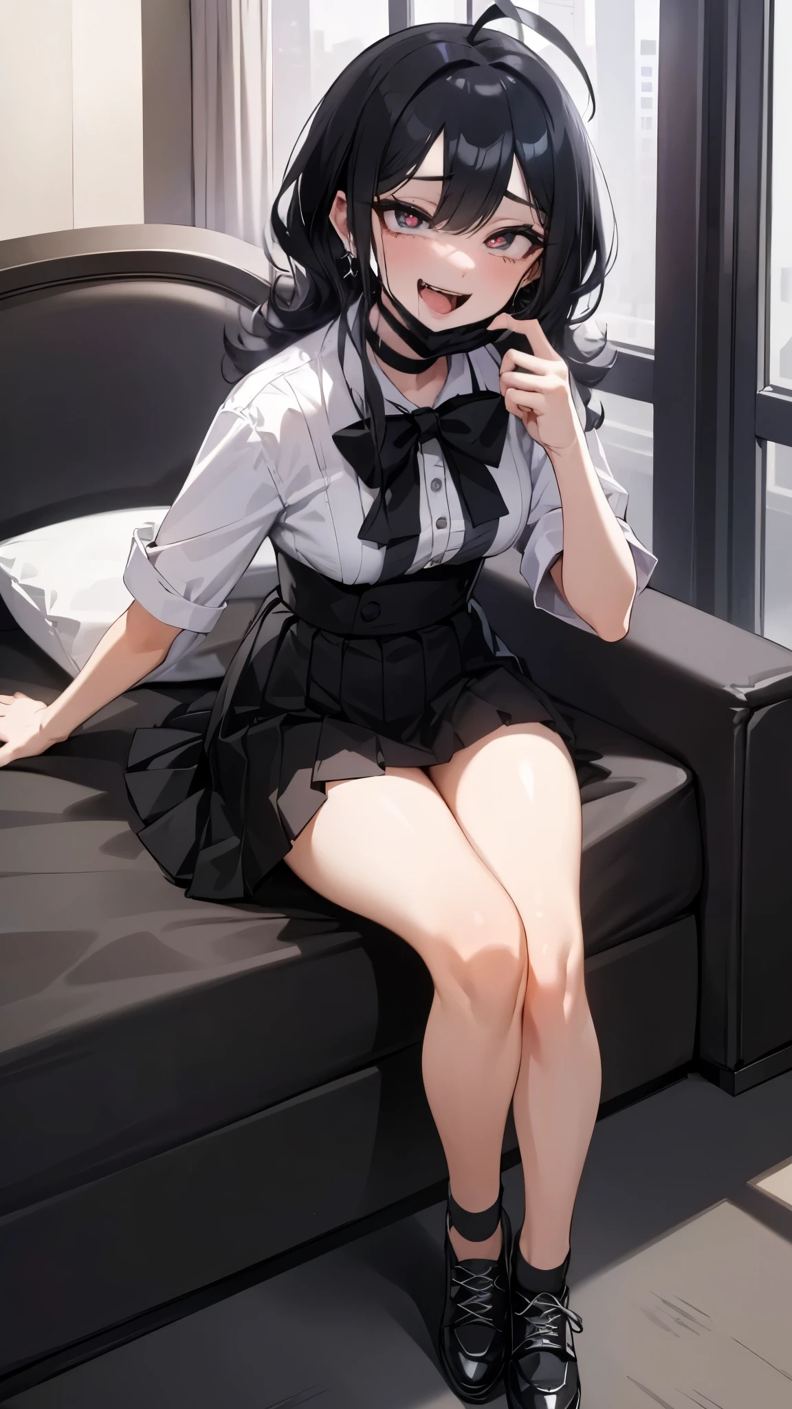 ((((Open your mouth))))、masterpiece,highest quality,High resolution,Very detailed,bb Festival,skinny,Ahoge,,((((( Captivating smile ))))),skinny,Hair between the eyes,Black choker,Earrings,Pleated skirt、shirt,Short sleeve,High School Girls Uniforms,(((( Perfect Fingers )))) , shoes,(black shoes:1.4),shoes,Black footwear,indoor,(sexy bed:1.2),((Heart-shaped pupils:1.3, Blowjob Gestures:1.5))、Open your mouth ,Sitting, bed ,Heavy breathing ,Put your hand in front of your mouth,Put your hand in front of your mouth, manga,article,magazine、(night:1.8, Black Mask:1.2, Remove the mask:1.3, Dark Room:1.5, Dim lighting:1.5)、Sharp Eye、sexy color bedroom、 Futuristic room、Sexy Room