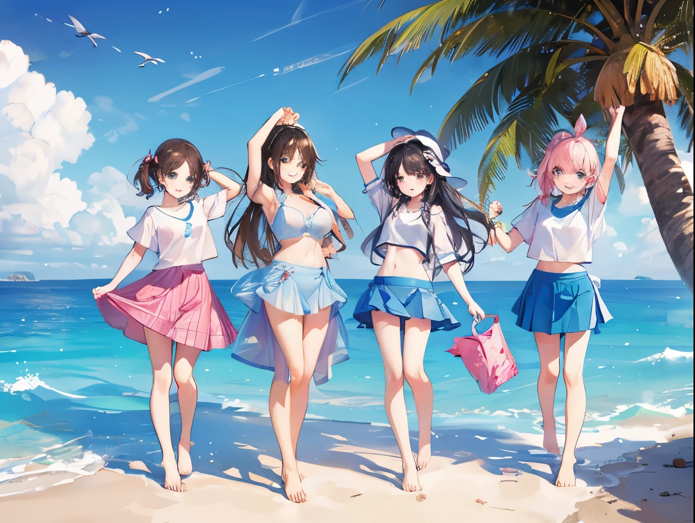 Four sisters with big breasts wearing cute underwear and cute bras、Light blue skirt、A tight-fitting bra on a plain white T-shirt、Soaking wet T-shirt、White and light blue checked bra、White underwear with cute ribbon、Sandy beach, calm and clear sea and blue sky、barefoot、Drenched T-shirt、Cute underwear visible when skirt is lifted