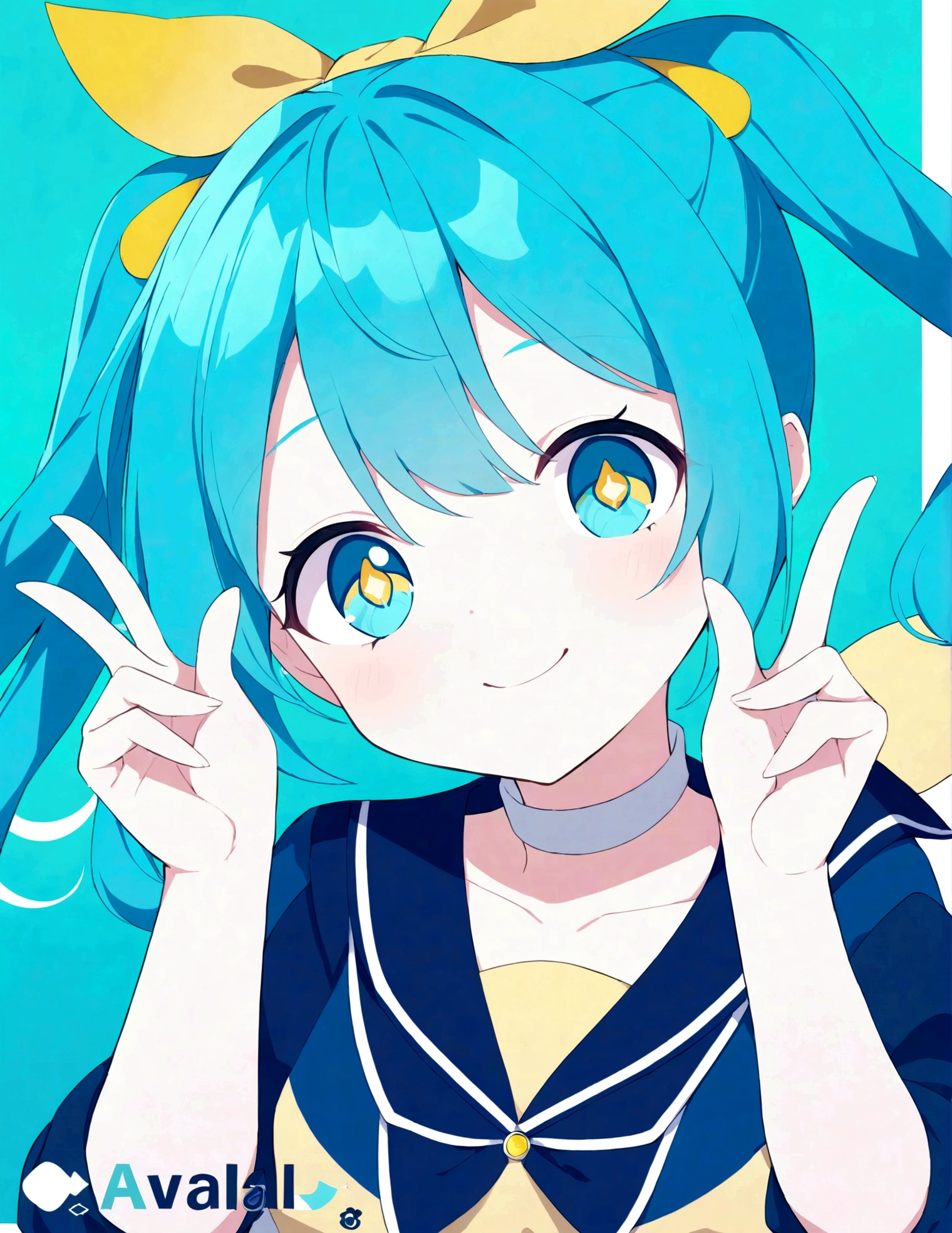 Create an anime character with bright blue hair styled with twin tails with yellow ribbons, sparkling blue eyes, and a cheerful expression making a peace sign. The character wears a navy sailor-style top with a white collar on a simple bright lime green background.
