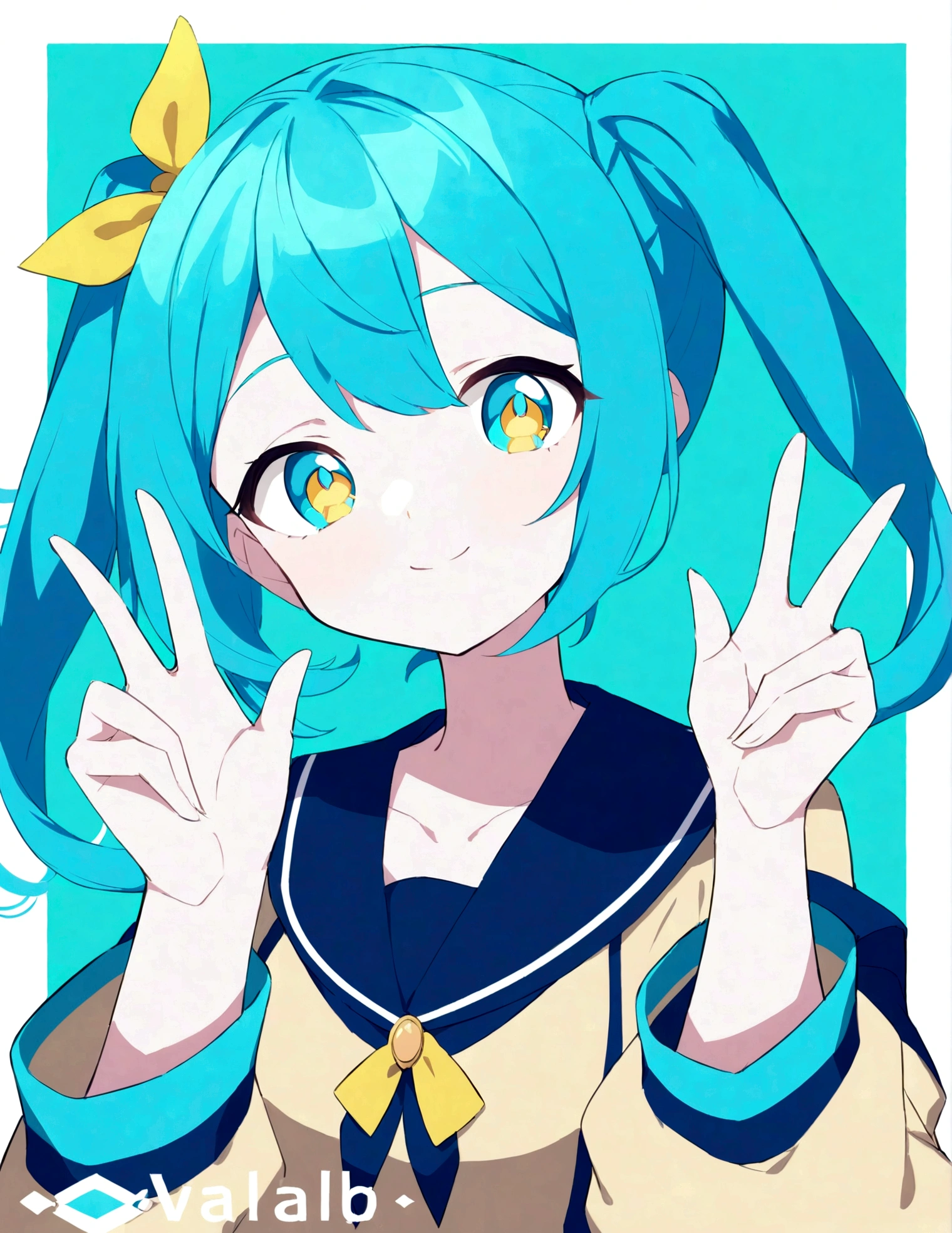 Create an anime character with bright blue hair styled with twin tails with yellow ribbons, sparkling blue eyes, and a cheerful expression making a peace sign. The character wears a navy sailor-style top with a white collar on a simple bright lime green background.