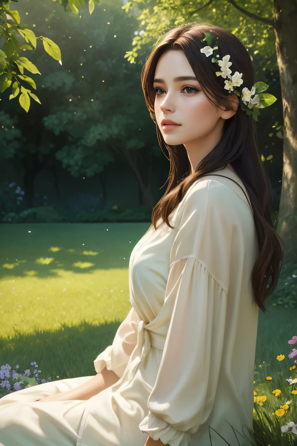 a peaceful garden, 1girl, serene expression, sitting on grass, surrounded by lush greenery, blooming flowers, sunlight filtering through trees, tranquil atmosphere, (best quality,4k,8k,highres,masterpiece:1.2),ultra-detailed,(realistic,photorealistic,photo-realistic:1.37),beautiful detailed eyes,beautiful detailed lips,extremely detailed face,longeyelashes,cinematic lighting,warm color palette,soft focus