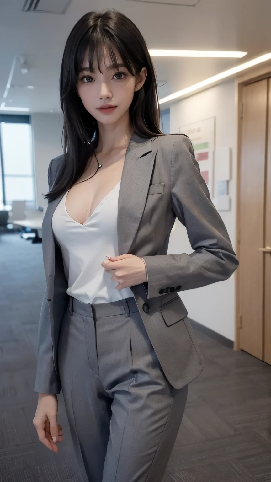 (((Standing posture:1.8))), ((conference room:2.0)), ((Clothing:2.0, Office Lady:2.0, blouse:2.0, Grey suit pants:2.0)), ((A grin:1.2, Small breasts:1.5, slender:1.5, Small Ass:1.5)), ((Japanese, 1 Girl, 18-year-old, 7 heads, Ideal body proportions, Black Hair, With bangs, Small breasts, Erect nipples, slender, Small Ass, Beautiful feet, Skinny Legs)), Surrealism, Cinematic Lighting, Depth of written boundary, First Person View,  F/1.8, 135mm, Ticker, Mastepiece, Curate, ((Anatomically correct:1.3)), Textured skin, Super Detail, High detail, High quality, Awards, Best Quality, High resolution, 8K