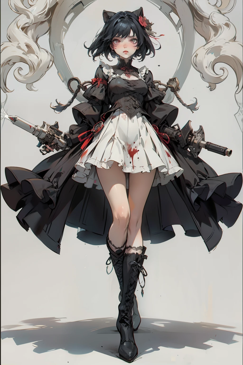 ((best quality)), ((masterpiece)), (detailed), blank white background, plain background, white background, red and white clothing, Bloodborne inspired, occult aesthetic, occult, occult paraphernalia, detailed and intricate steampunk and detailed gothic, NSFW, Very dramatic and cinematic lighting, cosmic horror, grim-dark, side-lighting, perfect face, NSFW, Fluttering lace flared long knee length dress with frilly petticoats, knee length dress, pleated petticoats, lolita dress, petticoats gothic lolita, complex lace boots, side-lighting, gothic lolita aesthetic, wielding mighty mechanical melee weapons, mechanical components, carbine, NSFW, beautiful small breasts, small breasts, full body, whole body, body, plain background, white background, blank background, no background, white background NSFW, full body, whole body, head-to-toe dynamic poses NSFW