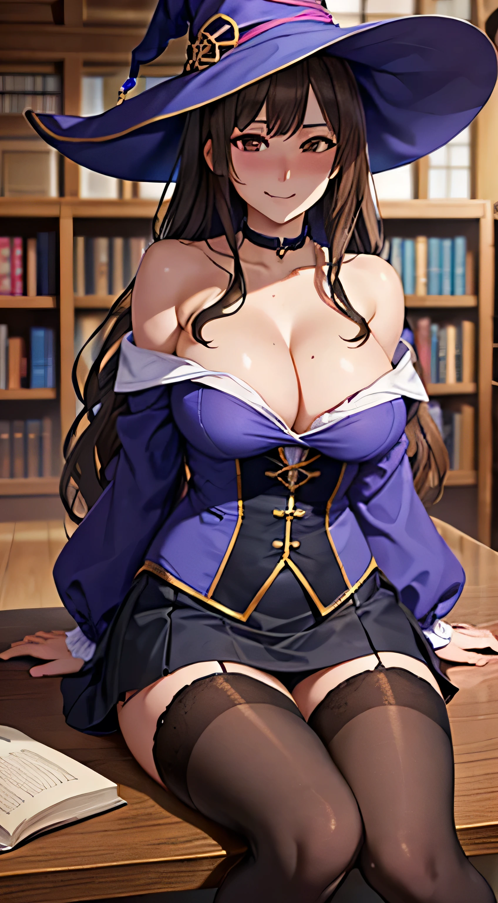 ((Tabletop, highest quality, High resolution, , Pixel Perfect, 4K, ))), Beautiful woman,, alone, beauty、The whole body is visible、 (((Sexy Witch Cosplay), Long dark blonde wavy hair、Off-the-shoulder jacket,　Dark blue flared skirt、Black knee-high stockings、Witch Hat、, bangs, Brown Hair)), ((Brown eyes, Beautiful eyelashes, Realistic eyes)), ((Detailed face, Blushing:1.2)), ((Smooth texture:0.75, Realistic texture:0.65, Realistic:1.1, Anime CG Style)), Center of chest, Dynamic Angle, Perfect body, ((,)), Showing cleavage、、Very embarrassing panic smile, 、Big castle library、Sitting on the floor、A large magic book on a desk、Looking up、cute shy smile、(、、A little bit of pink lace panties are visible、)、Angle from below