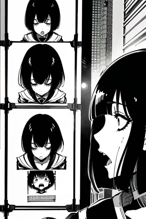 Girl with short black hair and bangs screaming crying, full body shots, manga page with panels and dialogue