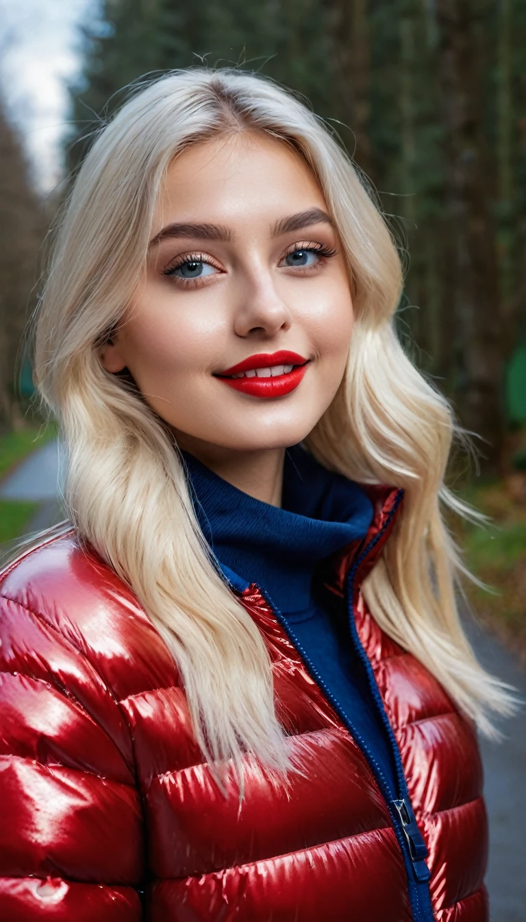 hyperrealistic beautiful busty 19-year-old woman with long legs wearing casual winter outfit with shiny blue vinyl puffer coat, model shooting full body photography, bleached blonde very long straight hair, soaky wet skin, dark eye makeup with eyeliner, seductive smile, red lips, 8K, Best quality, Meisterwerk, ultra high resolution, (Realismus: 1.4), Originalfoto, (realistische Hautstruktur: 1.3), (Filmkorn: 1.3), (Selfie-Winkel), 1 girl, Beautiful round hazel eyes and facial details, Meisterwerk, Best quality, outdoor photography
