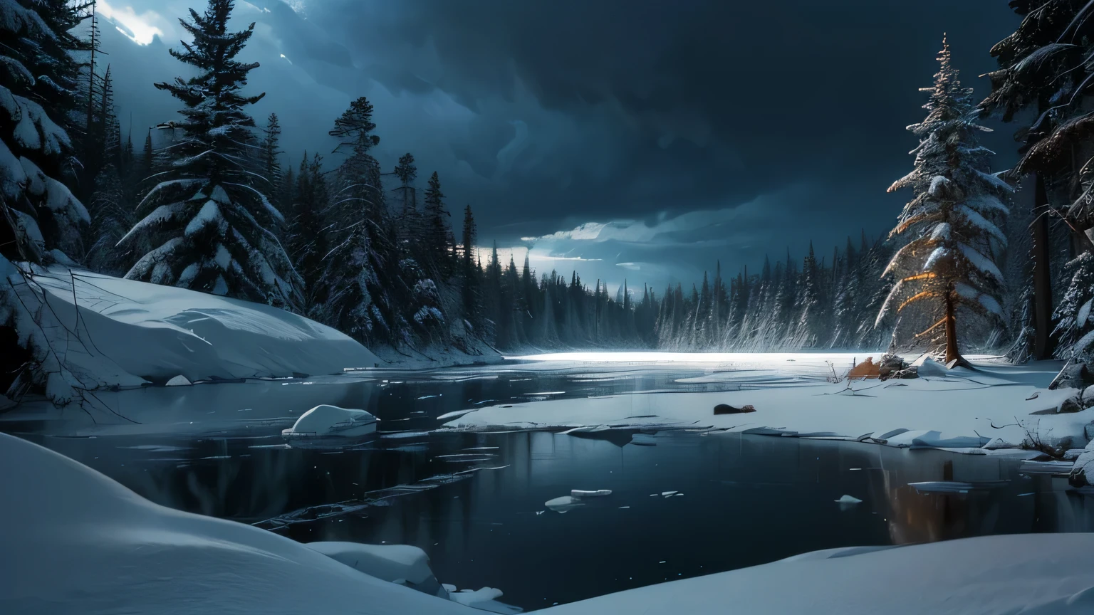 Dramatic lighting, chiaroscuro, post-apocalyptic, view from ground level, dense spruce forest on shores of a frozen lake, overhanging branch in foreground, icicles, deep snow, ice, stormy sky