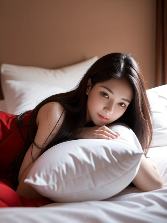 (original photo，best quality），（lifelike，Photo lifelike：1.3），best quality，Very detailed，masterpiece，Ultra Detailed，illustration，1 girl，Predominant_Body. an intimate woman, lying on red-bed and red-pillow, long wavy hair, black hair, wearing white-silk-dress. 