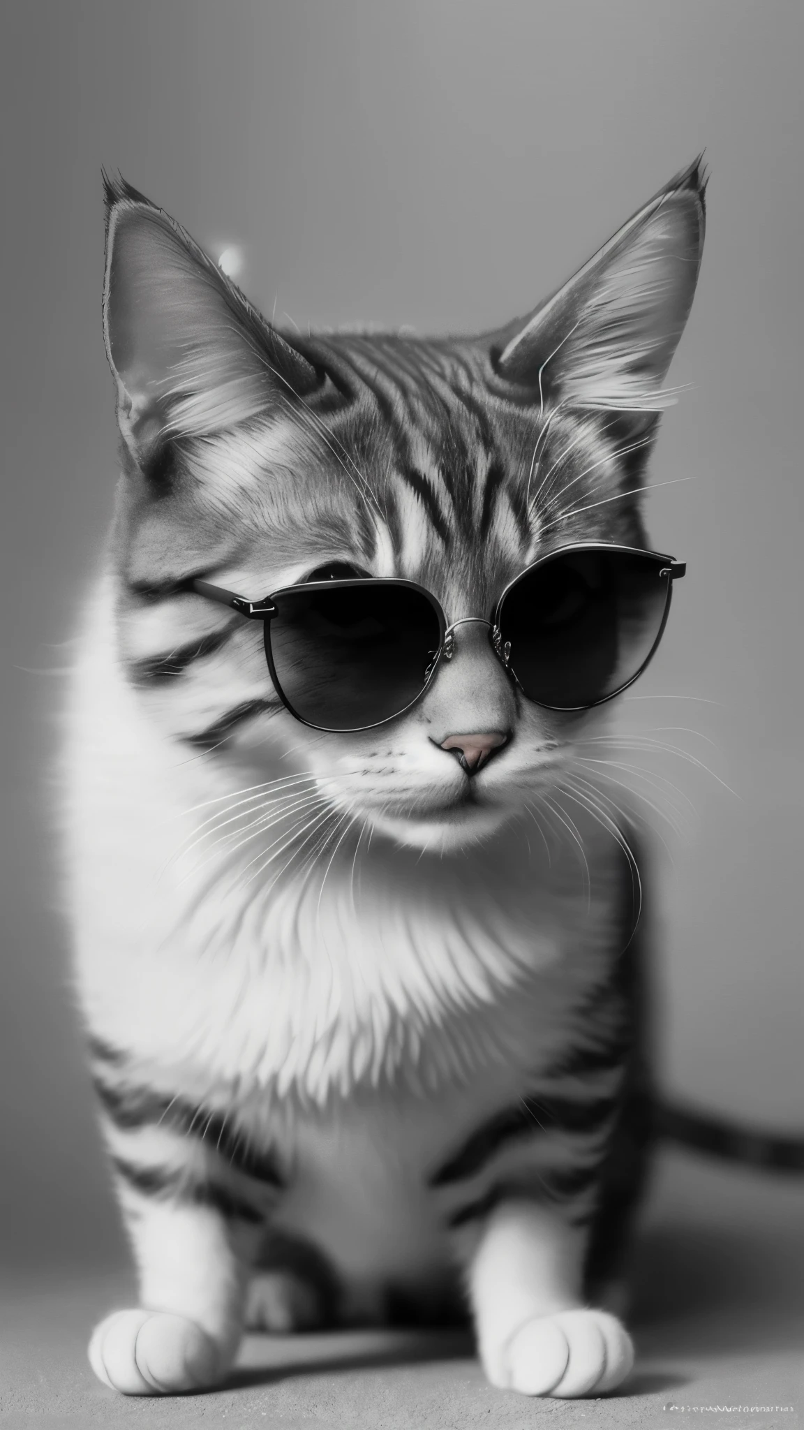 (Realistic),masterpiece, best quality, cinematic lighting, natural shadow, highest detail, professional photography, detailed background, depth of field, insane details, intricate, aesthetic, subsurface scattering, dynamic angle, A cat wearing sunglasses, miniatures, ((monochrome sketch))