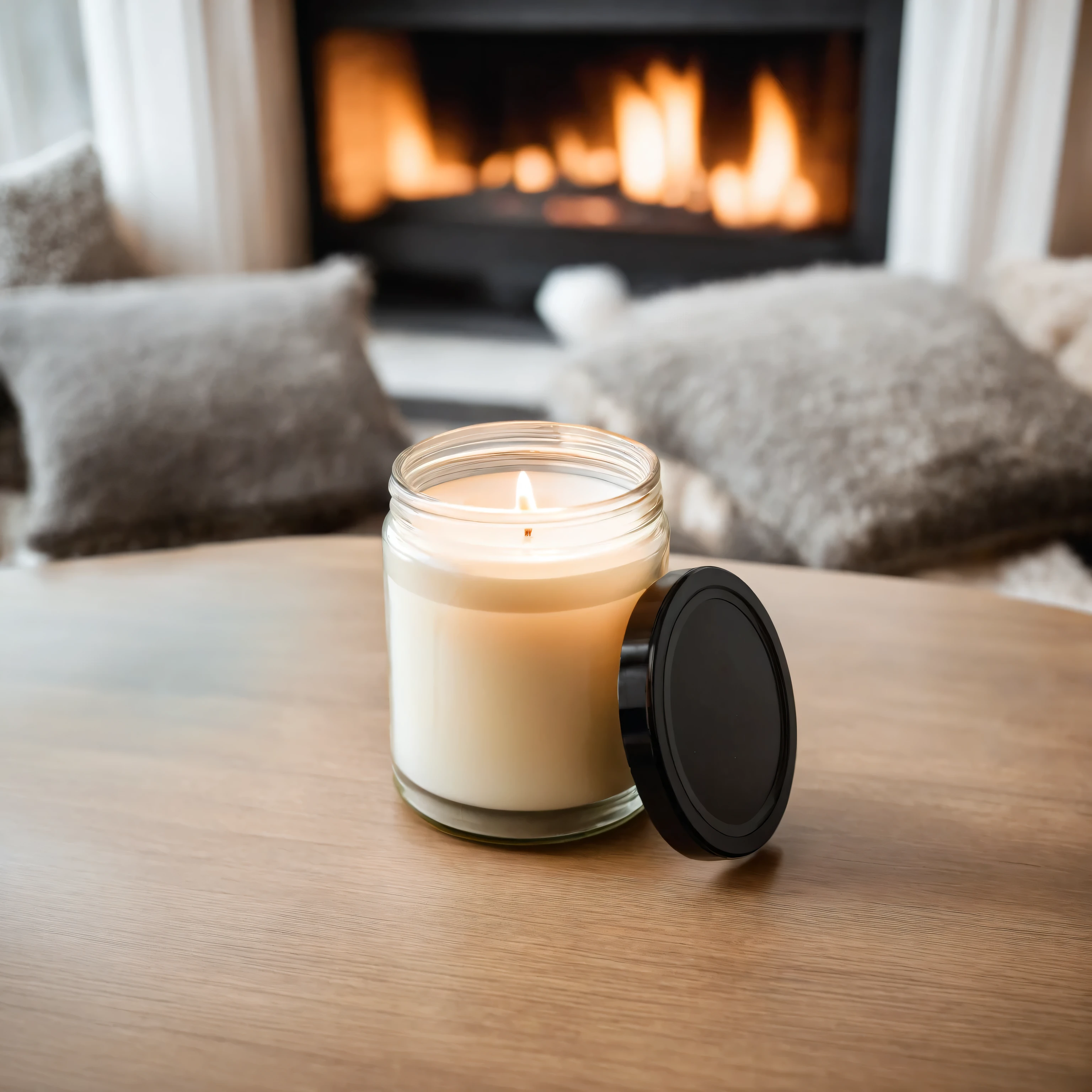 Mockup empty, a blank small beige candle in a jar with white label and black lid standing on table in cosy living room with snowy winter outside, and fireplace in the background, sony a7 camera, 50mm lens, shallow depth of field macro photography