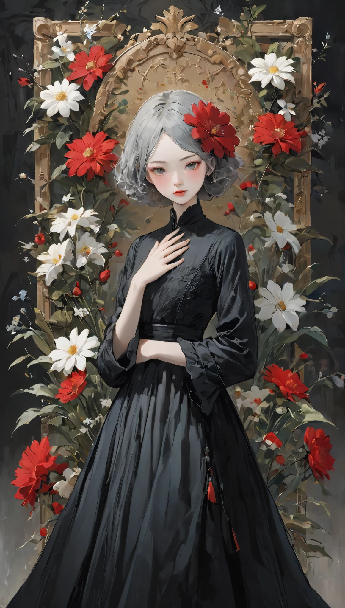 Beautiful woman、flower arrangement、Wabi-sabi art、Very detailed_face_eye、Very detailedなface、Black Dress、white、gray、red、parchment、抽象的flower arrangement、Three big flowers、Surreal art、silence、wallpaper、highest quality、masterpiece、High resolution、８ｋ