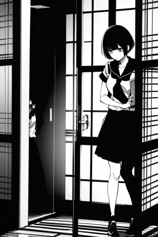 Girl with short black hair and bangs breaking a window, full body shots, manga page with panels and dialogue 